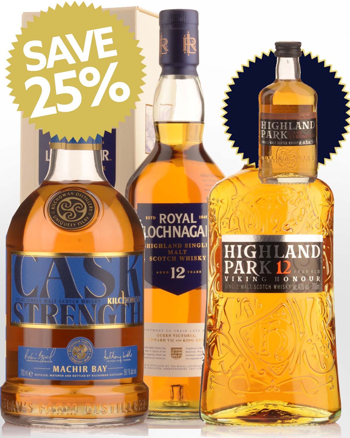 Kilchoman Machir Bay 2025 Edition Cask Strength & Royal Lochnagar 12 Year Old & Highland Park Viking Honour 12 Year Old - Plus Bonus Cask Strength 50ml Miniature Single Malt Scotch Whisky Bundle Buy (3 x 700ml + 1 x 50ml)