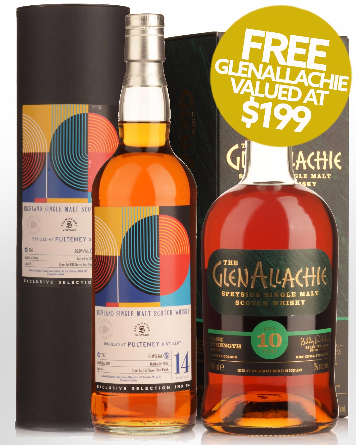 2008 Signatory Vintage Exclusive Selection Ink #4 Collection Single Cask Old Pulteney 14 Year Old Cask Strength Single Malt Scotch Whisky (700ml) with Free Glenallachie 10 Year Old Cask Strength Single Malt Scotch Whisky (700ml) - Batch 9