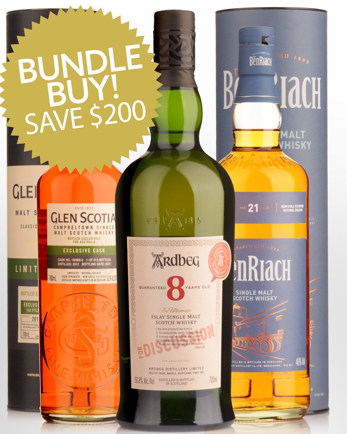 2012 Glen Scotia Australian Exclusive 9 Year Old Cask Strength & Ardbeg For Discussion Committee Release 8 Year Old & Benriach 21 Year Old Single Malt Scotch Whisky Bundle Buy (3x700ml)