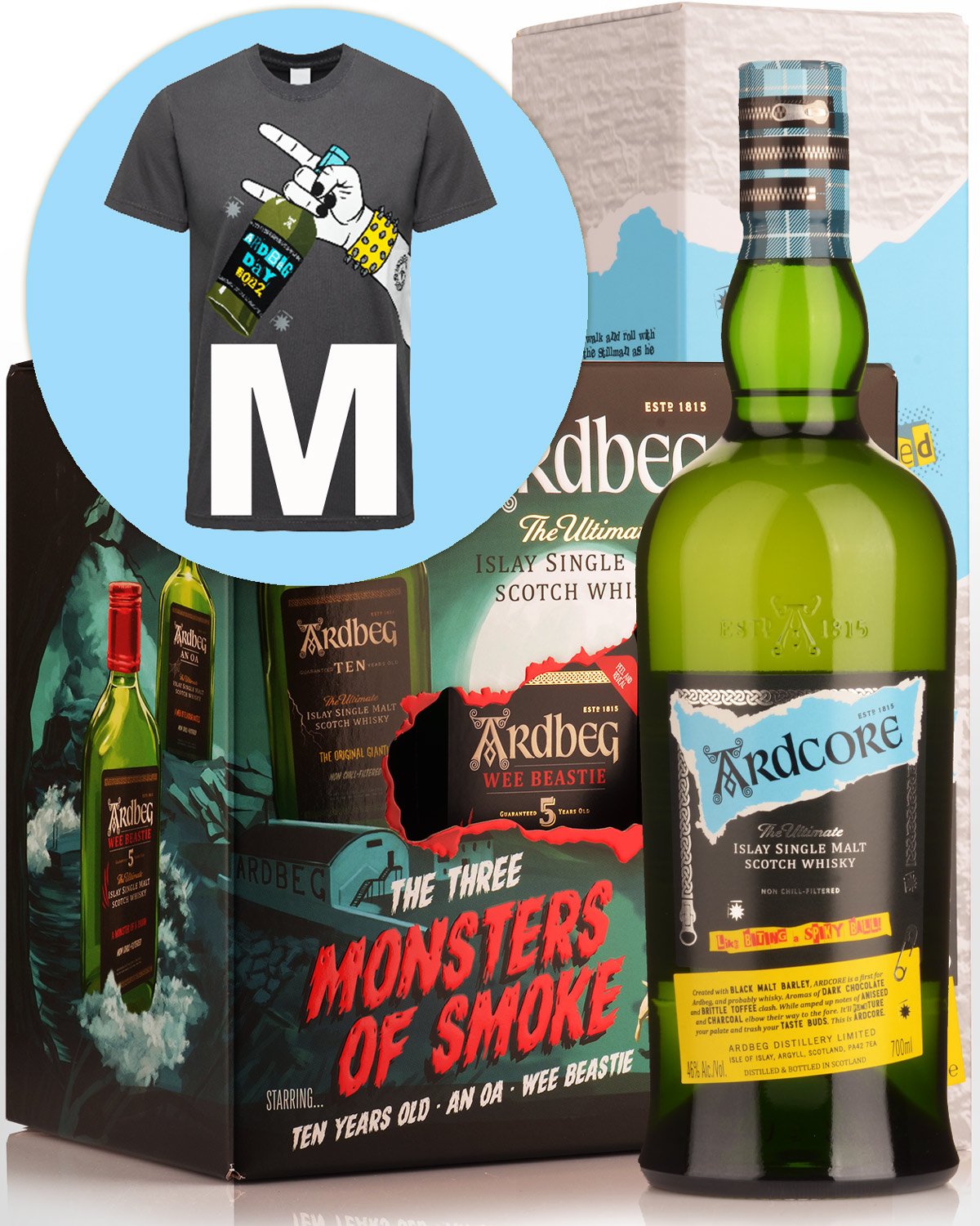 Ardbeg Ardcore & Ardbeg Monsters of Smoke Limited Edition Single Malt Scotch Whisky Tasting Pack Bundle Buy (1x700ml & 3x200ml) with 2022 Ardbeg Day Official T-shirt in Size Medium