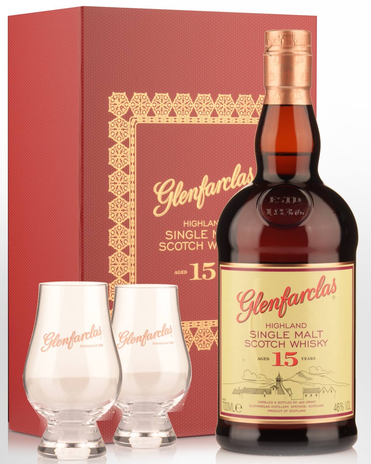 Glenfarclas 15 Year Old Single Malt Scotch Whisky (700ml) - Gift Pack with 2 Glasses