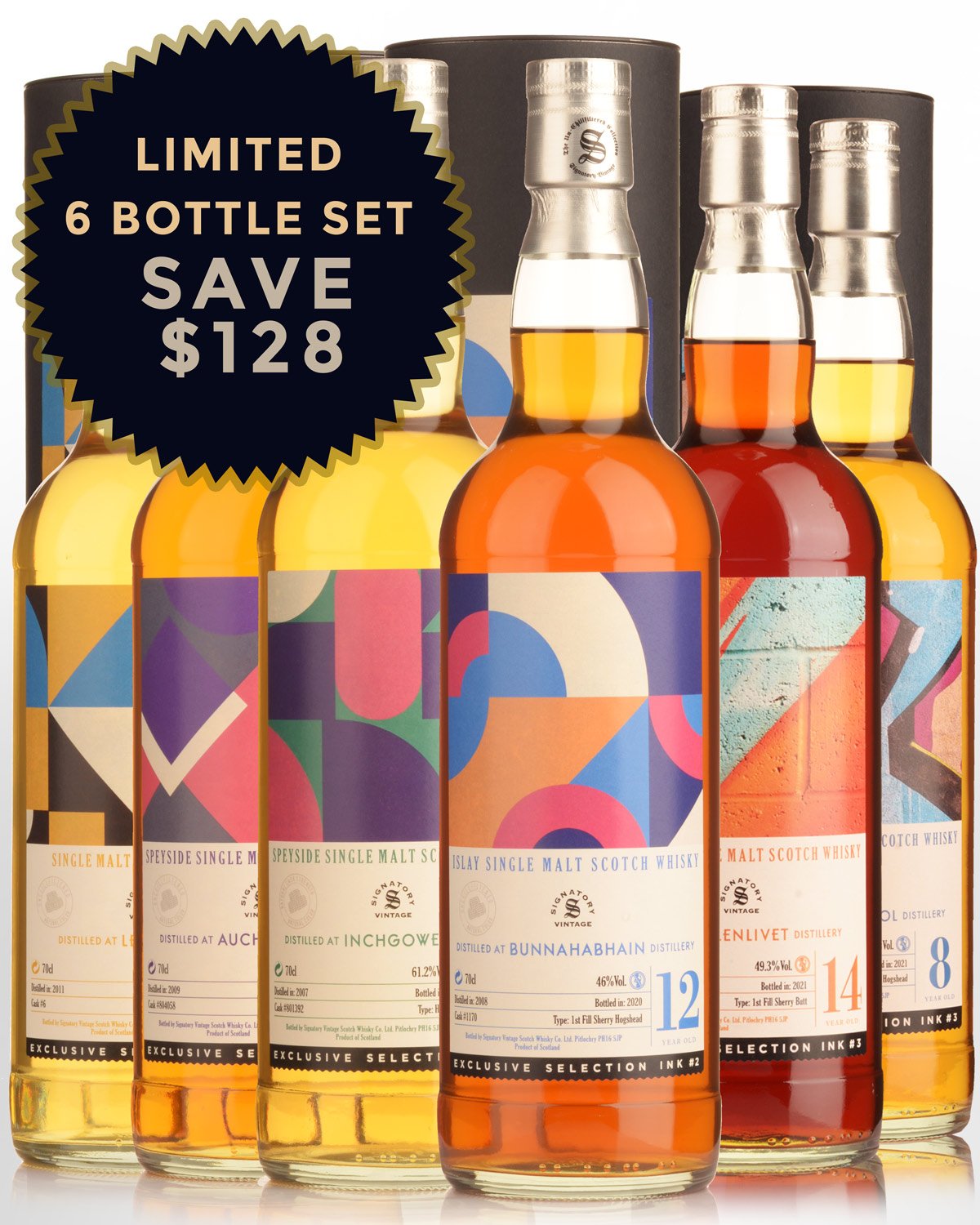 Signatory Vintage Exclusive Selection Ink #2 & #3 Collection Single Cask Single Malt Scotch Whisky Set (6x700ml)