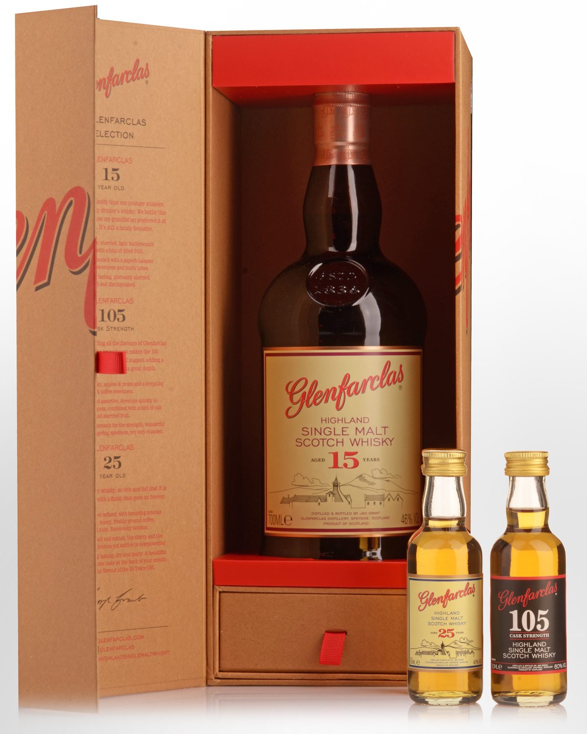 Glenfarclas 15 Year Old Single Malt Scotch Whisky (700ml) - Plus 105 and 25 Year Old Miniatures