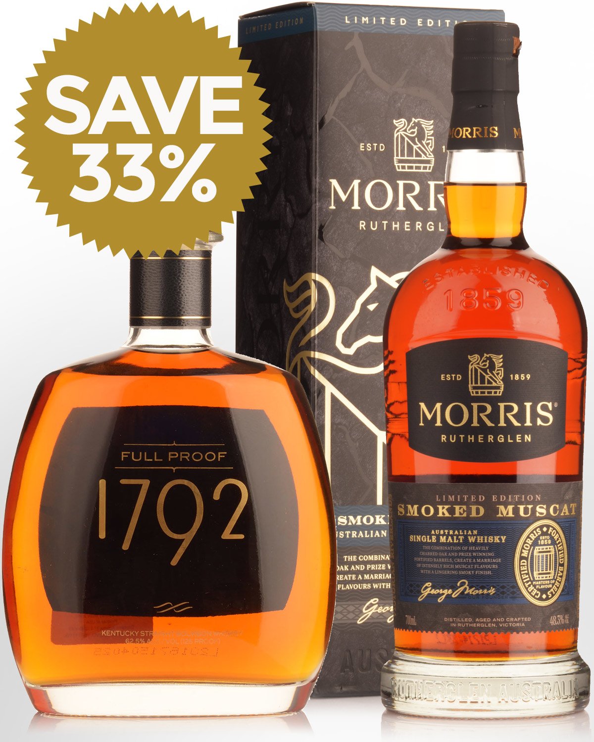 Morris Rutherglen Smoked Muscat Single Malt & 1792 Full Proof Kentucky Straight Bourbon Bundle Buy (1x700ml & 1x750ml)