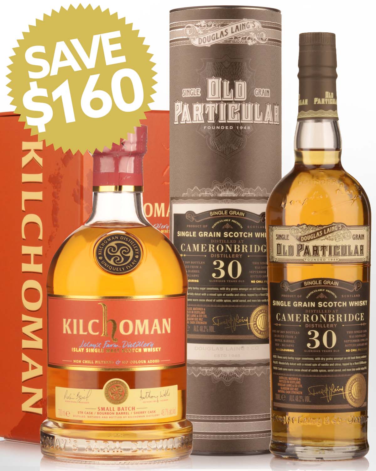 1992 Douglas Laing & Co. Old Particular Cameronbridge 30 Year Old Cask Strength Single Grain & Kilchoman Small Batch 2023 Edition Single Malt Scotch Whisky Bundle Buy (2 x 700ml)