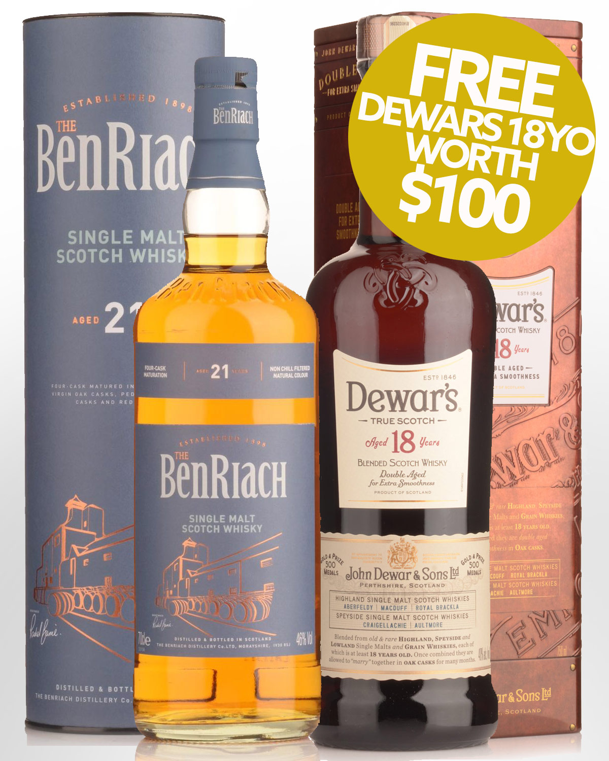 Benriach 21 Year Old Single Malt Scotch Whisky (700ml) with Free Dewar's 18 Year Old Blended Scotch Whisky (750ml)