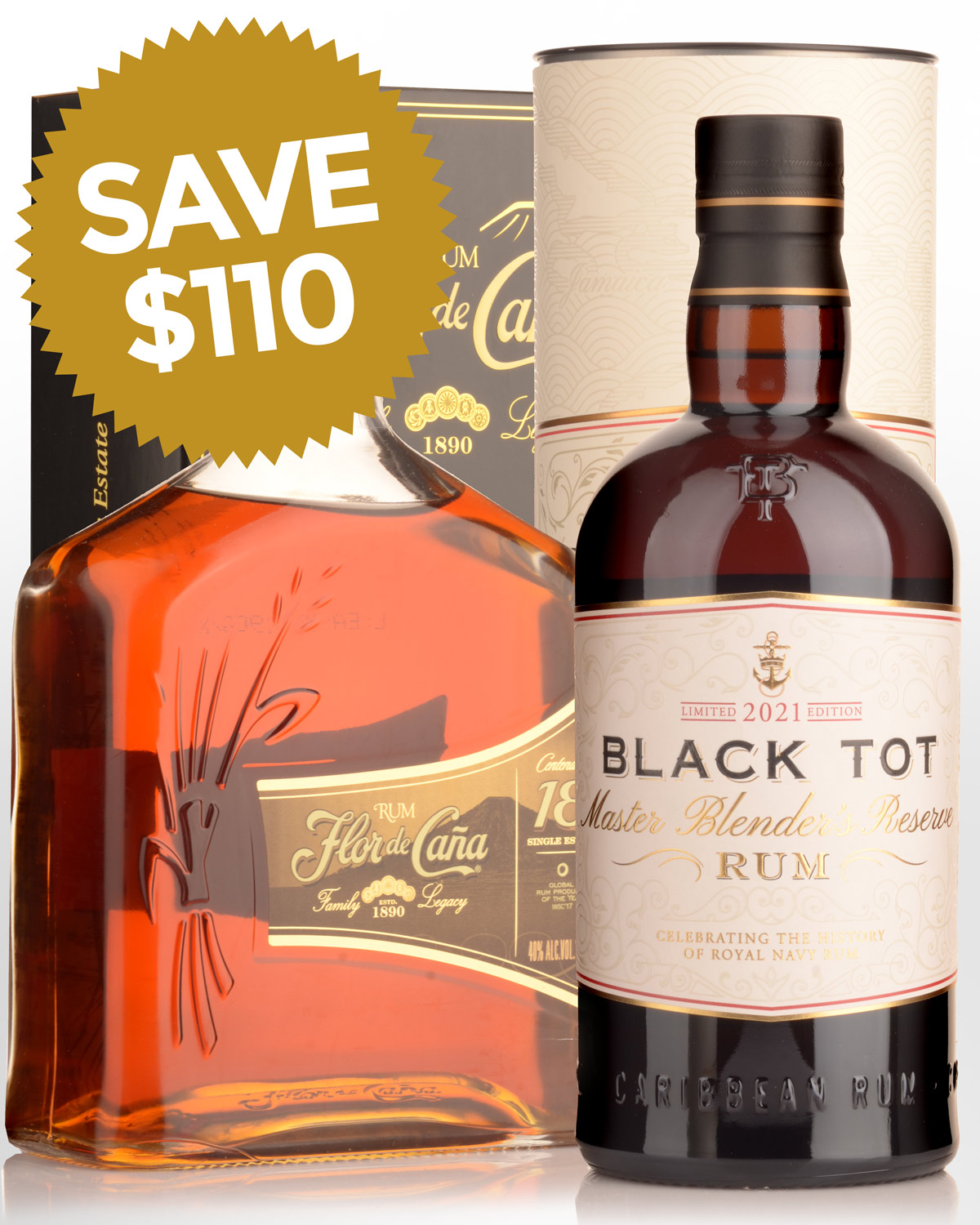 Flor de Cana Centenario Gold 18 Year Old Rum & Black Tot Master Blender's Reserve Cask Strength Rum - 2021 Limited Edition Bundle Buy (1x1000ml & 1x700ml)