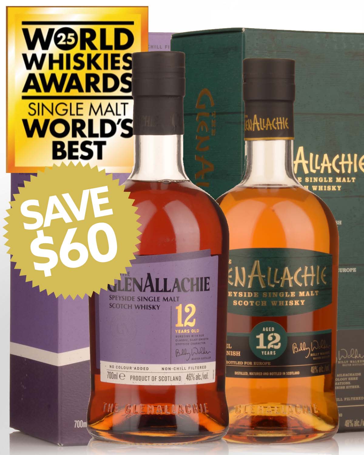 The GlenAllachie 12 Year Old & The GlenAllachie 12 Year Old Moscatel Wood Finish Single Malt Scotch Whisky Bundle Buy (2 x 700ml)