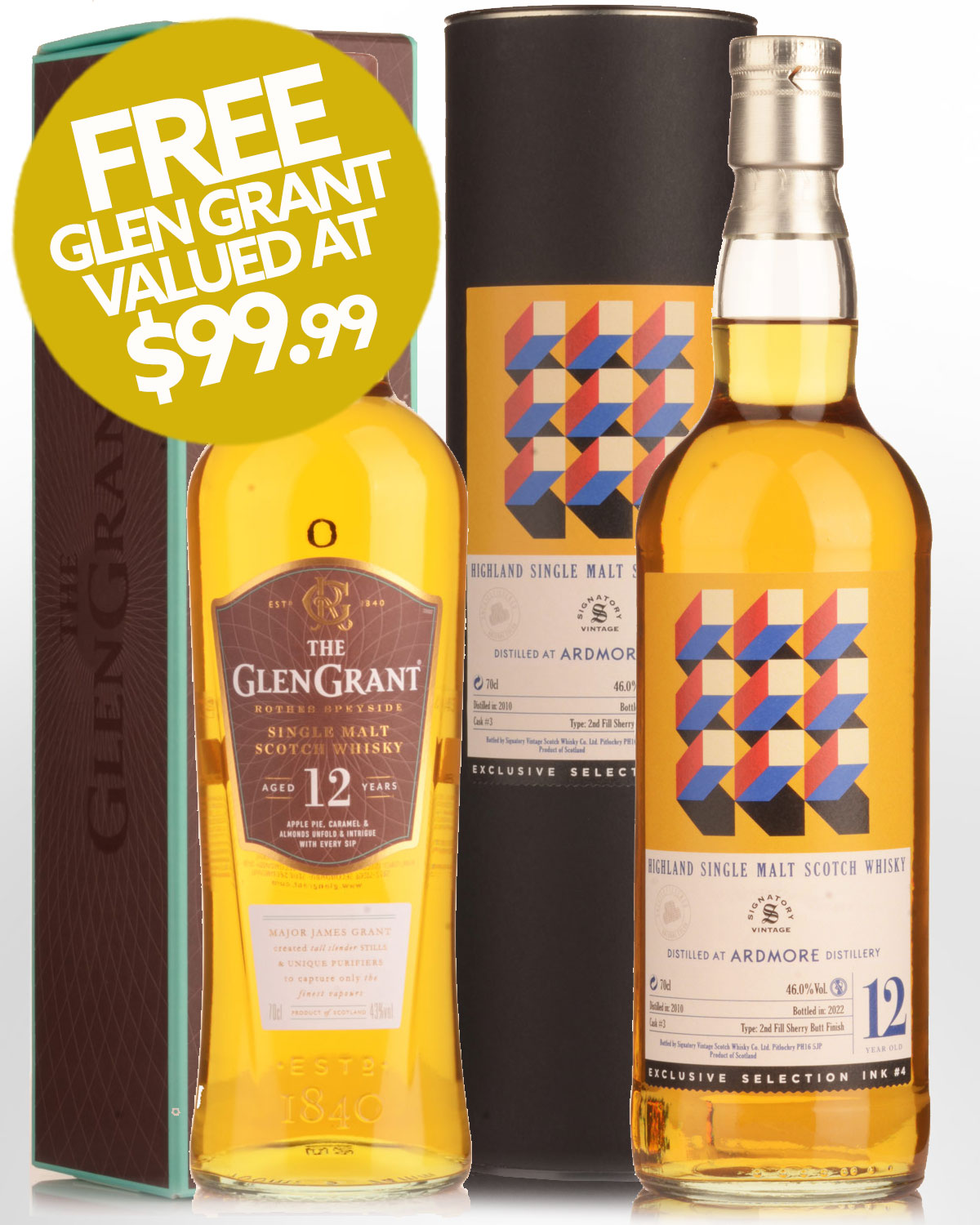 2010 Signatory Vintage Exclusive Selection Ink #4 Collection Single Cask Ardmore 12 Year Old Single Malt Scotch Whisky (700ml) with Free Glen Grant 12 Year Old Single Malt Scotch Whisky (700ml)
