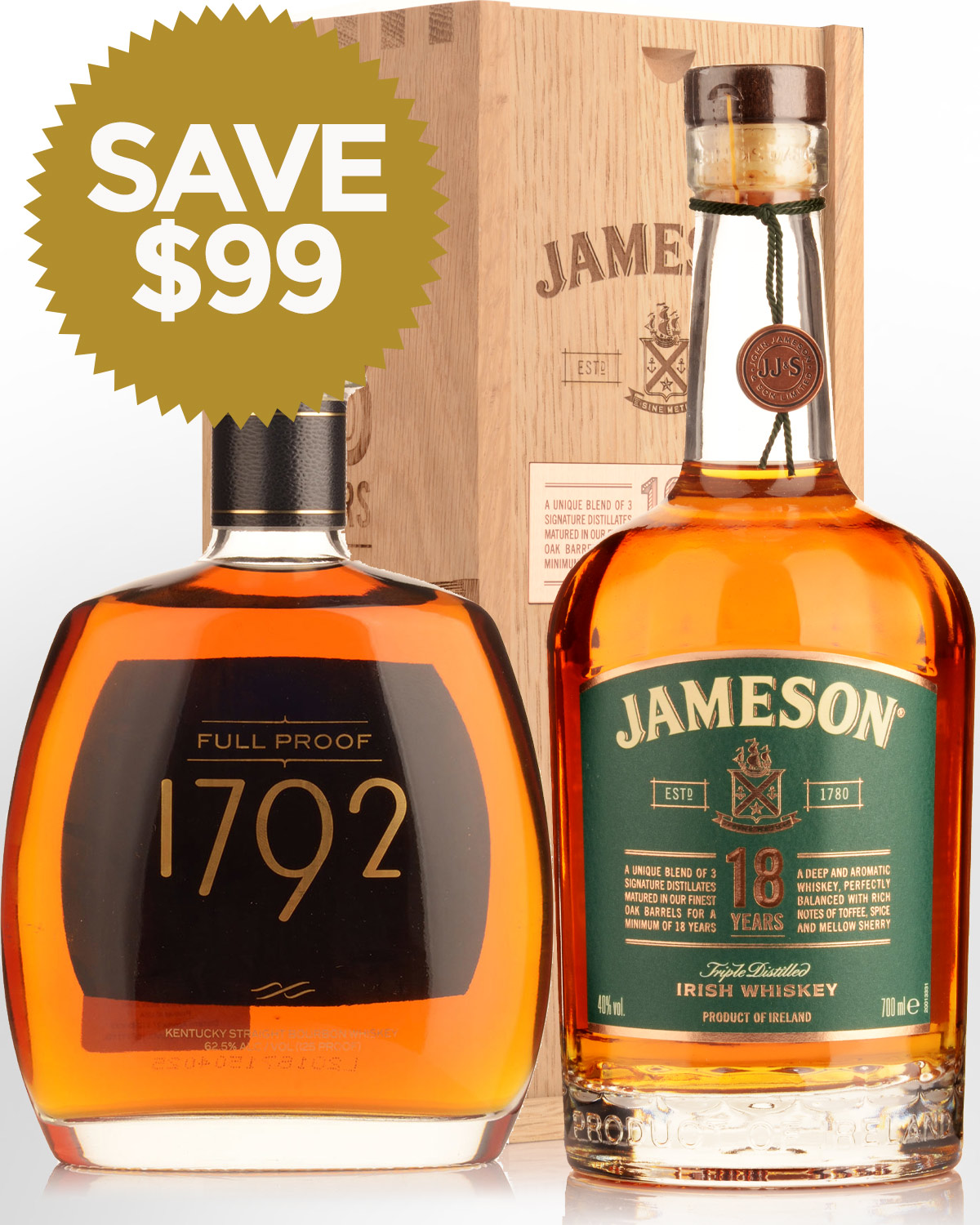 1792 Full Proof Kentucky Straight Bourbon & Jameson 18 Year Old Irish Whiskey Bundle Buy (1x750ml & 1x700ml)