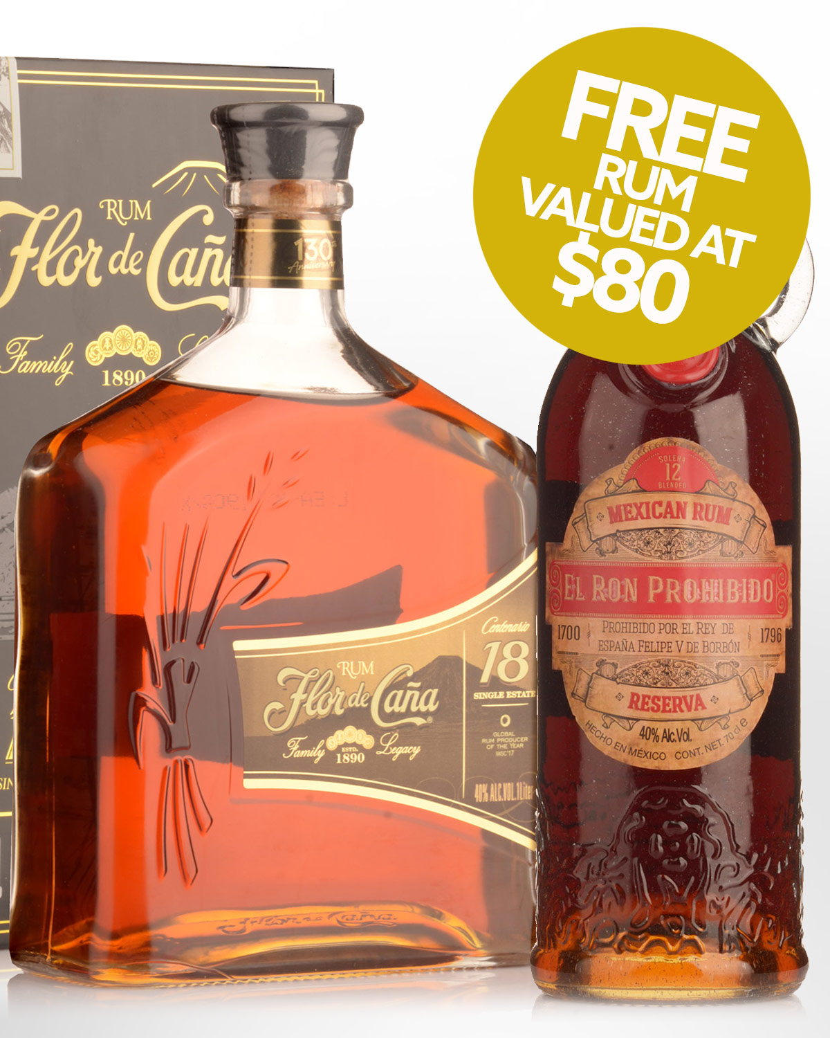 Flor de Cana Centenario Gold 18 Year Old Rum (1000ml) with Free El Ron Prohibido Reserva Solera 12 Rum (700ml)