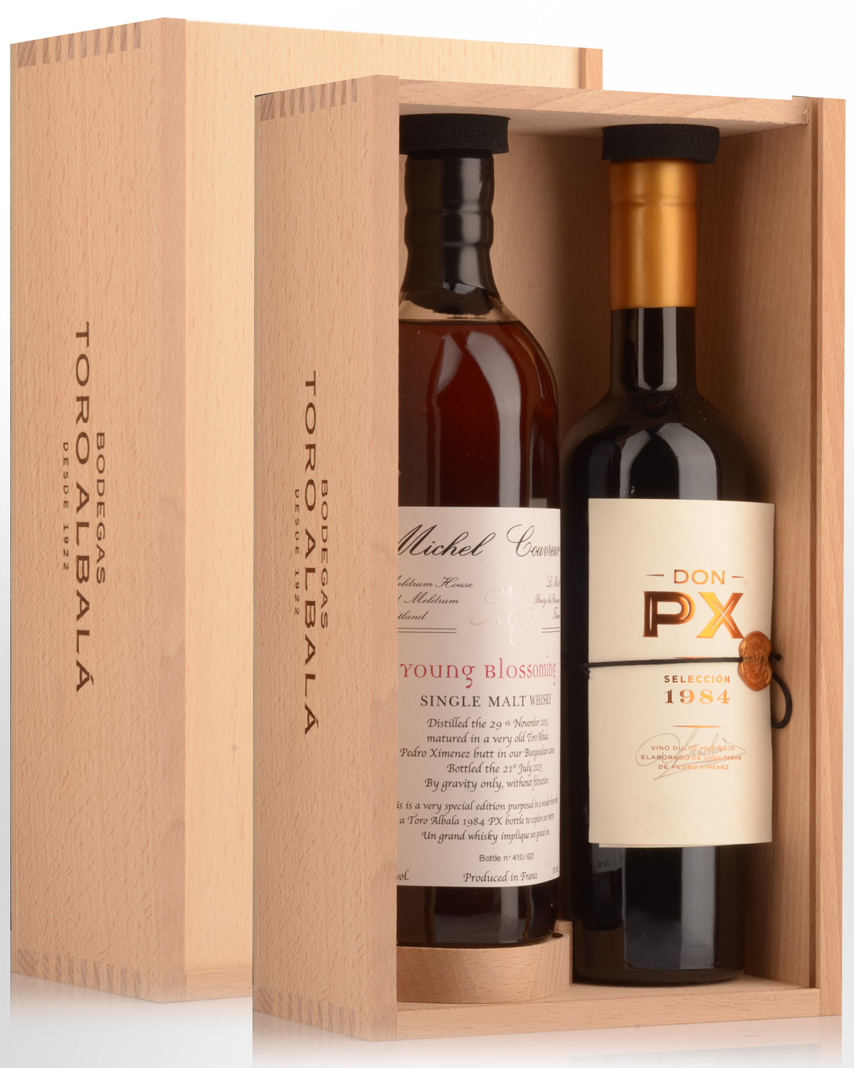 Michel Couvreur Blossoming Single Cask Sherried Single Malt French Whisky (700ml) & 1984 Toro Albala Don PX Pedro Ximenez Sherry (500ml) - Limited Edition Box Set
