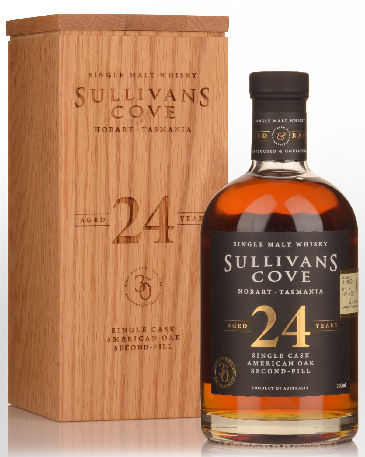 Sullivans Cove Single Cask HH0004 American Oak Second Fill 24 Year Old Single Malt Australian Whisky (700ml) - 30th Anniversary Edition