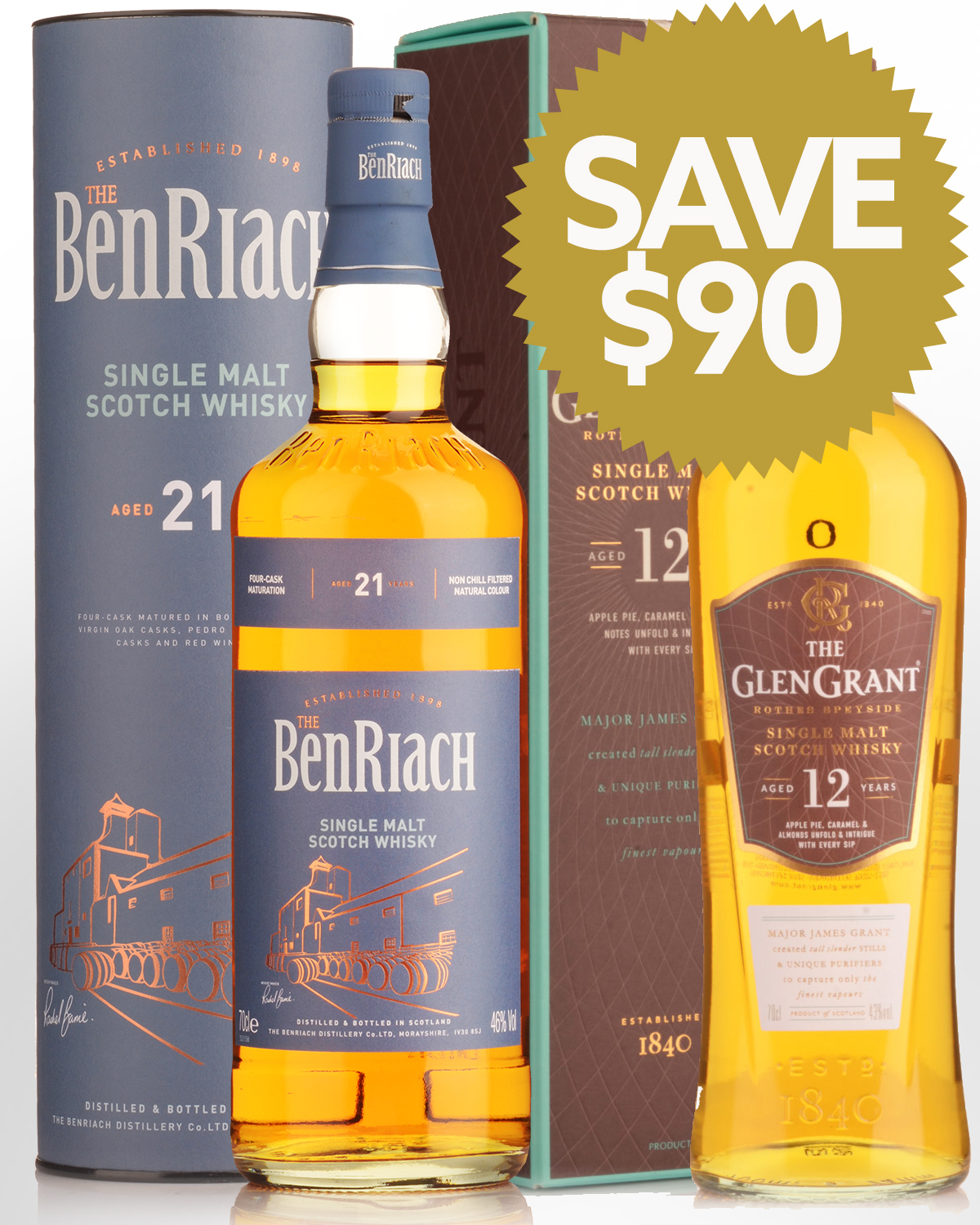 Benriach 21 Year Old Single Malt Scotch Whisky 700ml With Free Glen