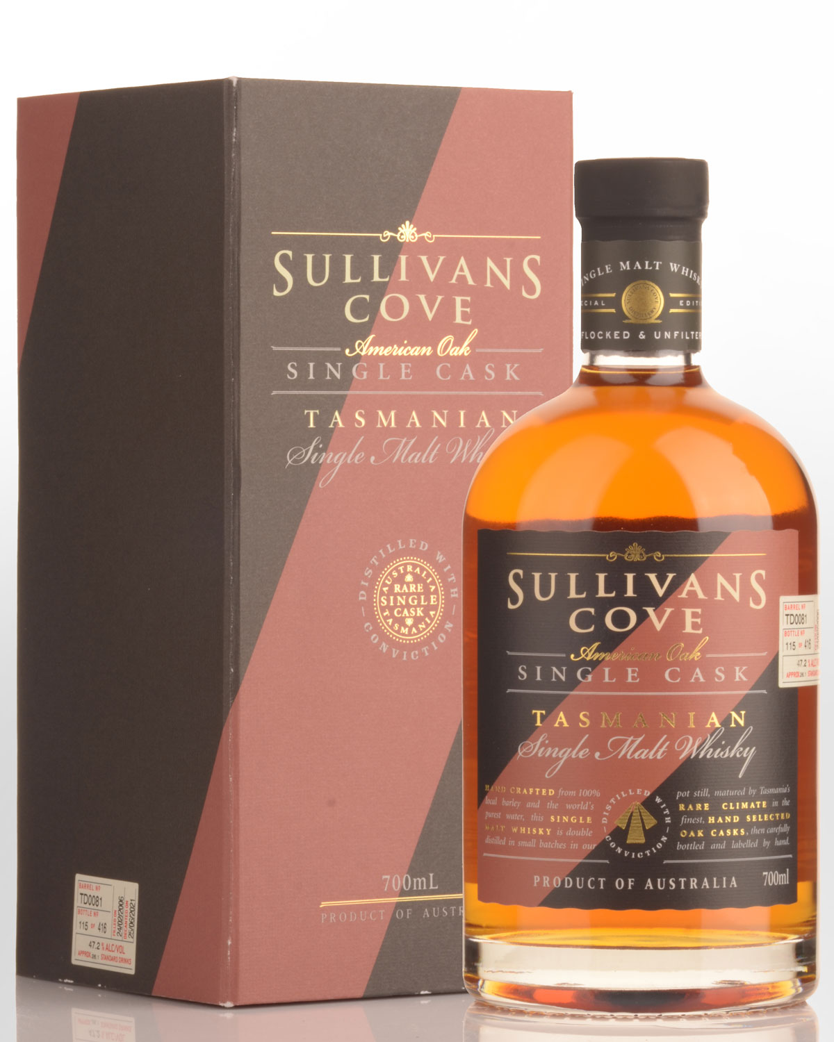 Sullivans Cove Single Cask TD0081 American Oak Second Fill Single Malt Australian Whisky (700ml) - Damaged Gift Box