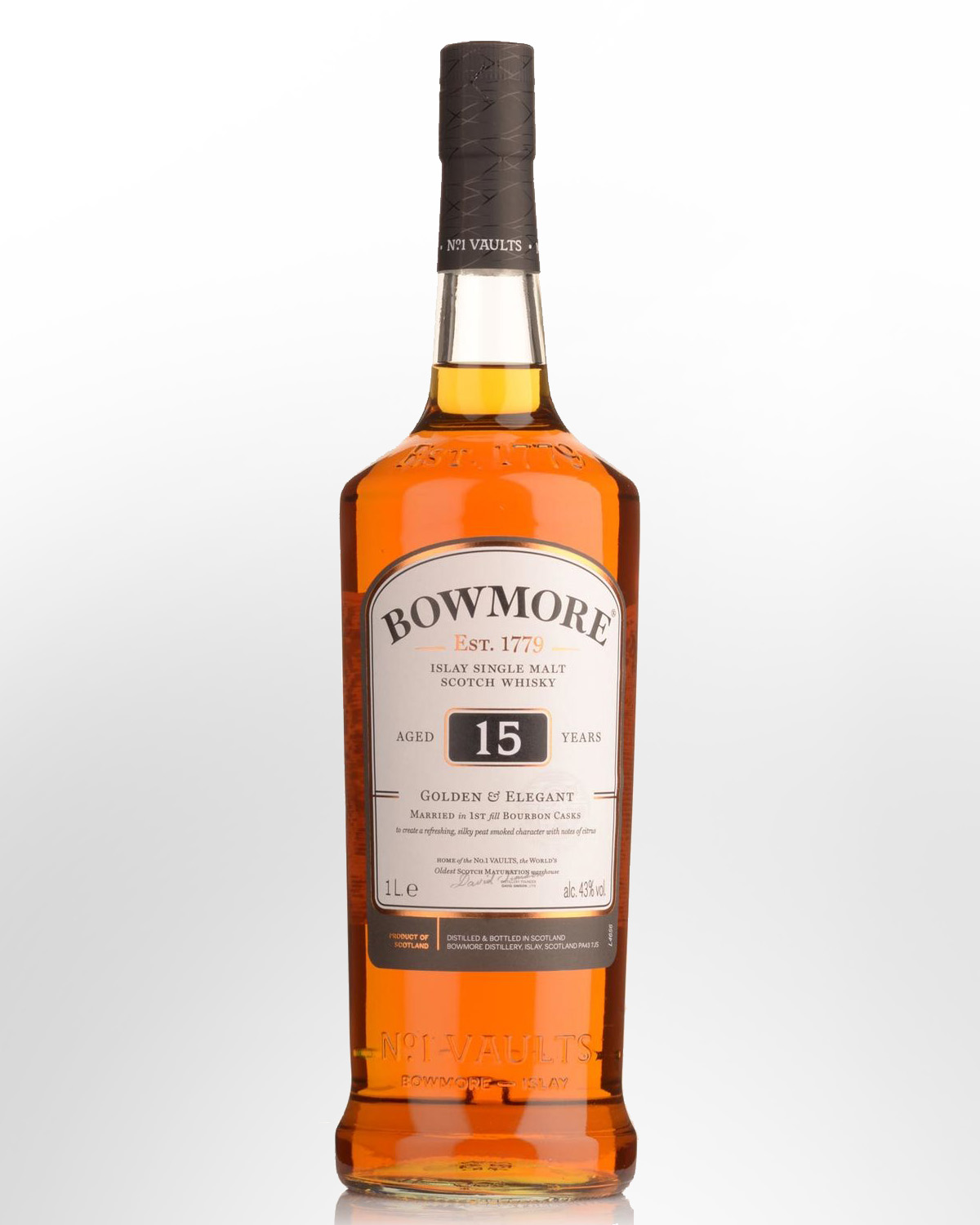 Bowmore Golden & Elegant 15 Year Old Single Malt Scotch Whisky (1000ml) - NO GIFT BOX