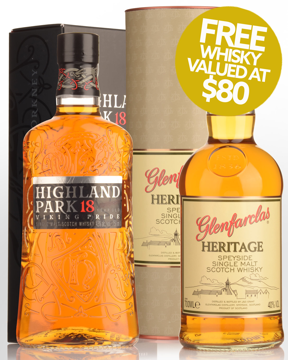 Highland Park 18 Year Old Single Malt Scotch Whisky (700ml) with Free Glenfarclas Heritage Single Malt Scotch Whisky (700ml)