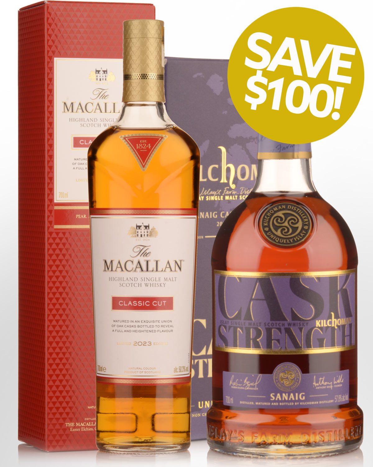 The Macallan Classic Cut 2023 Edition & Kilchoman Sanaig 2024 Edition Cask Strength Limited Edition Single Malt Scotch Whisky Bundle Buy (2x700ml)